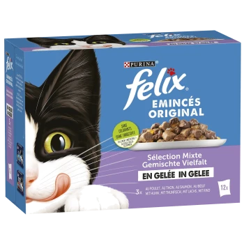 Eine Packung Purina Felix Katzenfutter mit der Aufschrift "Emincés Original" und einer schwarz-weißen Katze, mit Huhn, Thunfisch, Lachs und Rind.