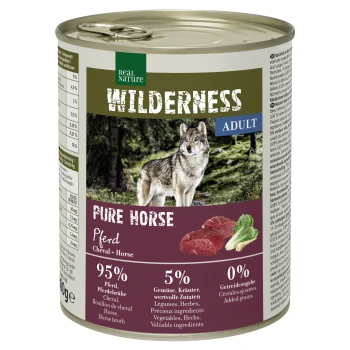 Canned "Wilderness Pure Horse" pet food with a wolf in a forest; 95% horse meat, 5% veggies/herbs, 0% grains.
