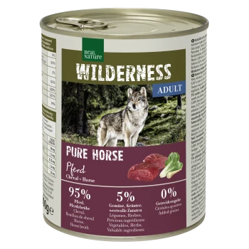 Dosenfutter 'Wilderness Pure Horse' mit einem Wolf im Wald; 95% Pferdefleisch, 5% Gemüse/Kräuter, 0% Getreide.