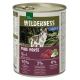 Dosenfutter 'Wilderness Pure Horse' mit einem Wolf im Wald; 95% Pferdefleisch, 5% Gemüse/Kräuter, 0% Getreide.