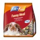 A bag of "fit+fun Funny Meal" dwarf rabbit feed featuring a close-up of a rabbit's face, with colorful pellets visible in the background.