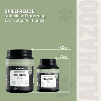 Verpackung der "Spielfreude" Hundetabletten von Alphazoo, mit umweltfreundlichen Ansprüchen und Text, der chemiefreie Zutaten hervorhebt.