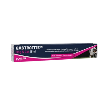 GASTROTITE™ Dog & Cat 15ml, dietary paste for gastrointestinal health in pets, featuring a pink and navy design.