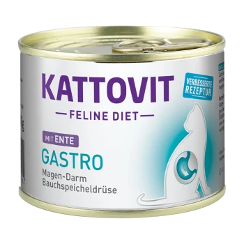 Kattovit Feline Diet Dosenfutter mit Ente, beschriftet mit "Gastro" für die Verdauungsgesundheit, mit einer Katzensilhouette und einem Hinweis auf das verbesserte Rezept.