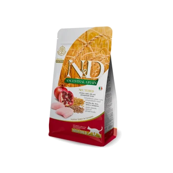 Sac de nourriture pour chat étiqueté "N&D Ancestral Grain Neutered" contenant des ingrédients de poulet, épeautre, flocons d'avoine et grenade.