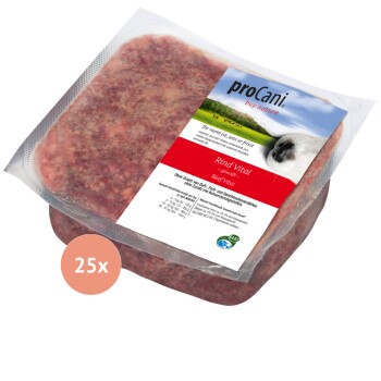 Verpacktes rohes Hundefutter mit der Aufschrift 'proCani Rind Vital' und einem Foto einer Hundeschnauze, mit einem roten Band und Nährwertinformationen.