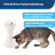 Interaktives Katzenspielzeug: graue Katze zielt auf Laserpointer; Text: "Beendet Langeweile und lenkt Katzen ab."