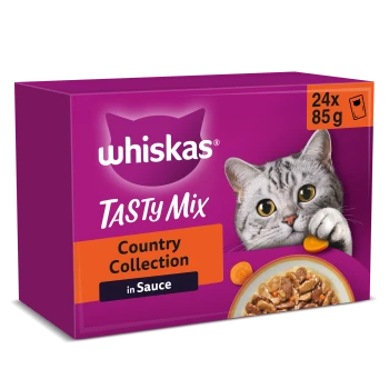 Whiskas Tasty Mix Country Collection in Sauce Katzenfutter-Packung (24 x 85 g) mit Katzenkopf und einer Futterschale