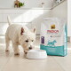 Kleine witte terriër snuffelt aan een bakje naast een zak Select Gold MEDICA Veterinary Diet Hypoallergen hondenvoer (2,5 kg).