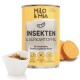 Dosen-Hundefutter 'Milo & Mia' mit einer Illustration eines schwarzen Hundes, beschriftet 'INSEKTEN & SÜSSKARTOFFEL SENSITIV' und Gesundheitsikonen.