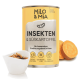 Dosen-Hundefutter 'Milo & Mia' mit einer Illustration eines schwarzen Hundes, beschriftet 'INSEKTEN & SÜSSKARTOFFEL SENSITIV' und Gesundheitsikonen.