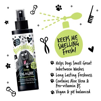 Flasche Bugalugs Zingy Cologne für Hunde mit Grapefruit- und Orangenduft, vegan, pH-neutral, 200 ml, hält Hunde frisch riechend.