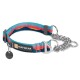 Bunter Hundehalsband von Ruffwear mit Kettenbefestigung, verstellbarem Riemen und einem Anhänger mit dem Ruffwear-Logo.