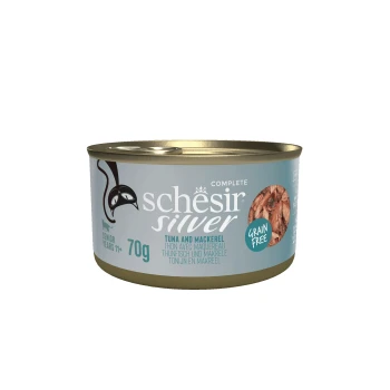 Schesir Silver complete grain-free cat food can, tuna and mackerel flavor, 70g, for senior cats 11+ years.