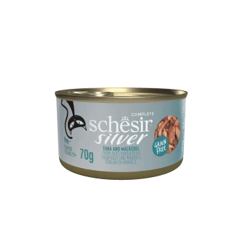 Schesir Silver complete grain-free cat food can, tuna and mackerel flavor, 70g, for senior cats 11+ years.