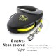 A black retractable dog leash with neon-colored tape, labeled "flexi Giant M 8m," highlighting enhanced visibility features.