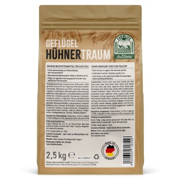2,5 kg Sack "HühnerTraum" Geflügelfutter mit Körnern, Samen, Nährwertangaben und Fütterungsempfehlungen.