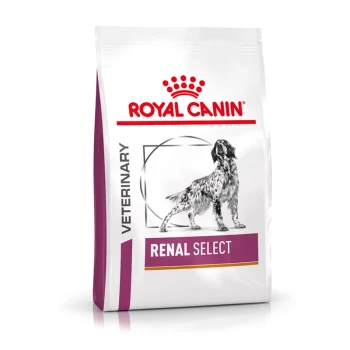 Sac de nourriture pour chien Royal Canin Veterinary Renal Select avec une illustration en noir et blanc d'un chien, avec un texte en gras indiquant le nom du produit.