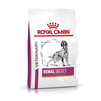 Royal Canin Veterinary Renal Select Hundefutterbeutel mit einer schwarz-weißen Illustration eines Hundes, mit fettem Text, der den Produktnamen angibt.