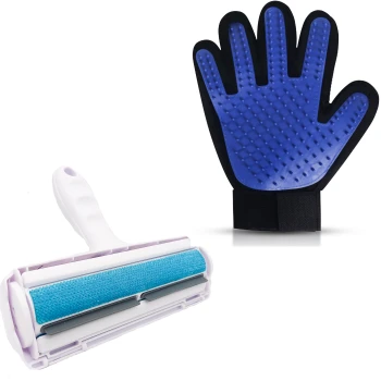 Ein Haustierpflege-Set mit einem Fusselroller mit einem blauen Kleberoller und einem blauen Gummihandschuh mit strukturierten Oberflächen.