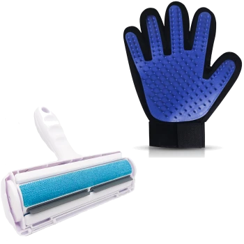 Ein Haustierpflege-Set mit einem Fusselroller mit einem blauen Kleberoller und einem blauen Gummihandschuh mit strukturierten Oberflächen.