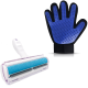 Ein Haustierpflege-Set mit einem Fusselroller mit einem blauen Kleberoller und einem blauen Gummihandschuh mit strukturierten Oberflächen.