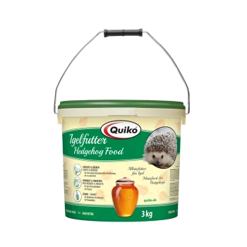 Quiko Igel-Futter 3 kg Eimer mit einem Igelbild, mit Text, der Zutaten wie Früchte, Beeren und Honig hervorhebt.