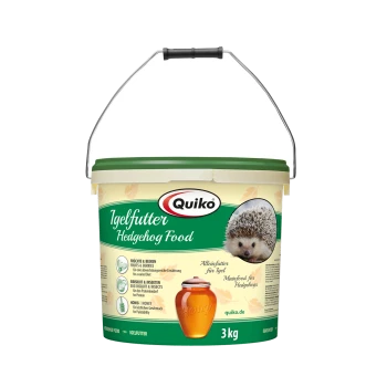 Quiko Igel-Futter 3 kg Eimer mit einem Igelbild, mit Text, der Zutaten wie Früchte, Beeren und Honig hervorhebt.