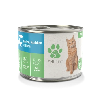 Dose Katzenfutter, beschriftet mit "Hering, Krabben & Huhn" von Fellicita, mit einer braunen getigerten Katze und Symbolen für hochwertige Zutaten und Mehrprotein.