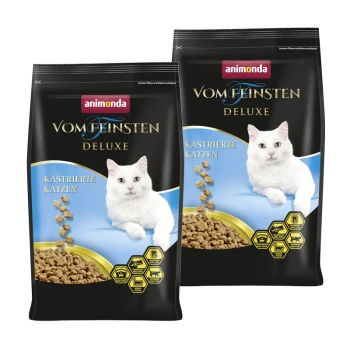 Zwei Säcke Animonda Vom Feinsten Deluxe Katzenfutter für kastrierte Katzen, mit Bildern von weißen Katzen und Nährstoffsymbolen.
