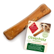Natürlicher Olivenholz-Hundekauspielzeug mit einem Etikett mit der Aufschrift "Chrono Balance Olivenholz Knochen" und Details zu seinen Vorteilen.