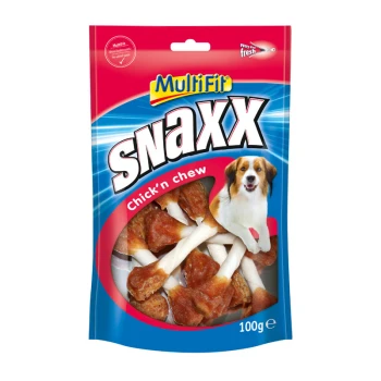 A colorful packaging of Multifit Snaxx, featuring chicken-flavored pet treats, labeled "Chick'n Chew," weighing 100g.
