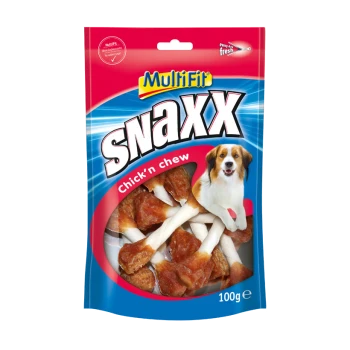 A colorful packaging of Multifit Snaxx, featuring chicken-flavored pet treats, labeled "Chick'n Chew," weighing 100g.