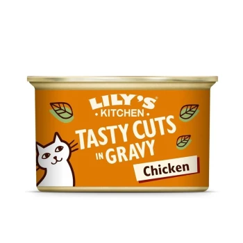 Lily's Kitchen Tasty Cuts in Gravy cat food can, featuring a white cat illustration, orange background, and "Chicken" label.