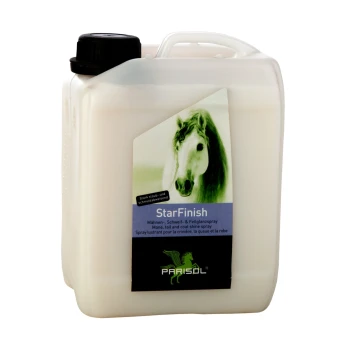 Behälter von Parisol StarFinish Mähne, Schweif und Fellglanzspray für Pferde, mit einem Pferdebild und mehrsprachigem Text.