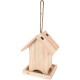 Holzvogelhaus mit schrägem Dach und hängendem Seil, mit quadratischem Boden und einem Eingangloch an der Vorderseite.