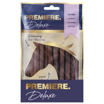 Premiere Deluxe Haustier-Leckerli-Verpackung mit einer Pferdesilhouette, mit Text in Deutsch, Französisch und Italienisch, der anzeigt, dass es sich um eine pferdeflavorierte Belohnung handelt.