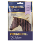 Premiere Deluxe Haustier-Leckerli-Verpackung mit einer Pferdesilhouette, mit Text in Deutsch, Französisch und Italienisch, der anzeigt, dass es sich um eine pferdeflavorierte Belohnung handelt.