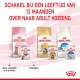 Afbeelding van Royal Canin huisdiervoeding producten, inclusief zakken en blikken voor kittens en volwassen katten, met tekst die adviseert over te schakelen naar volwassen voedsel na 12 maanden.