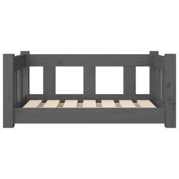 Graues Holz-Haustierbett mit slatted Basis und offenen Seiten, entworfen für Komfort und Stil.