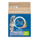 Sac d'aliment Purina ONE BIFENSIS avec chat gris à poil long, étiqueté « Spécial Chat Stérilisé » et image de dinde.