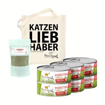 Eine natürliche Katzenfutterverpackung mit einer Tragetasche mit der Aufschrift "KATZEN LIEBHABER", einem "SHIMUN SLIM"-Beutel und sechs "Ich liebe meine Katze INSEKTEN"-Dosen.