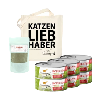 Eine natürliche Katzenfutterverpackung mit einer Tragetasche mit der Aufschrift "KATZEN LIEBHABER", einem "SHIMUN SLIM"-Beutel und sechs "Ich liebe meine Katze INSEKTEN"-Dosen.