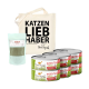 Eine natürliche Katzenfutterverpackung mit einer Tragetasche mit der Aufschrift "KATZEN LIEBHABER", einem "SHIMUN SLIM"-Beutel und sechs "Ich liebe meine Katze INSEKTEN"-Dosen.