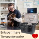 Tierarzt hält eine braungetigerte Katze am Untersuchungstisch; ein graues Kätzchen lugt aus einer offenen Transportbox; Text "Entspanntere Tierarztbesuche" und rotes Herz.