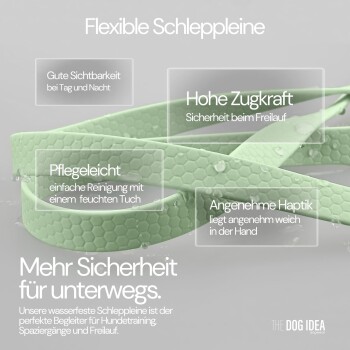 Eine flexible Hundeleine in hellgrün mit Wassertropfen, mit Text, der ihre Sichtbarkeit, Stärke, einfache Reinigung und Komfort hervorhebt.