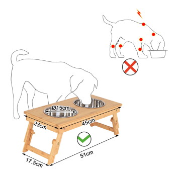 Erhöhter doppelter Holznapfständer für Hunde mit zwei Edelstahlnäpfen, beschriftet mit Ø15 cm, 45 cm, 51 cm, 23 cm, 17,5 cm.