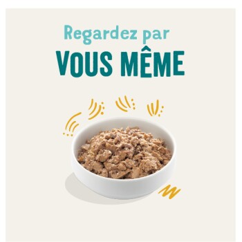 Bol de nourriture pour animaux avec une apparence texturée et charnue, accompagné du texte "Regardez par VOUS MÊME" au-dessus.