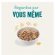 Bol de nourriture pour animaux avec une apparence texturée et charnue, accompagné du texte "Regardez par VOUS MÊME" au-dessus.