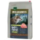 A 4 kg bag of Real Nature Wilderness Adult dog food with a wolf's head, highlighting "60% Fresh Meat" and no artificial ingredients.